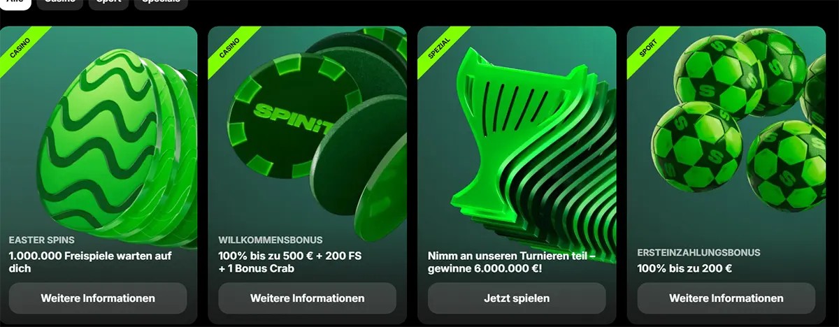Four German promotional casino cards featuring Easter Spins, a welcome bonus, a tournament prize pool offer, and a first deposit bonus, all shown with bright green themed visuals and call-to-action buttons.
