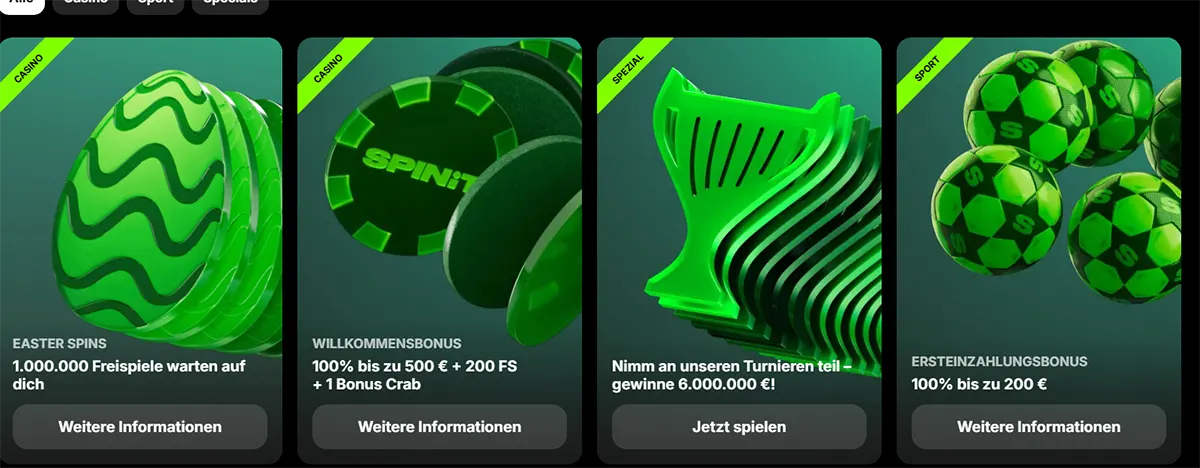 Four German promotional casino cards featuring Easter Spins, a welcome bonus, a tournament prize pool offer, and a first deposit bonus, all shown with bright green themed visuals and call-to-action buttons.