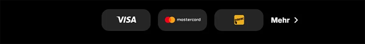 Payment methods row showing Visa, Mastercard, and Jeton icons alongside a “Mehr” link on a dark background.