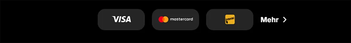 Payment methods row showing Visa, Mastercard, and Jeton icons alongside a “Mehr” link on a dark background.