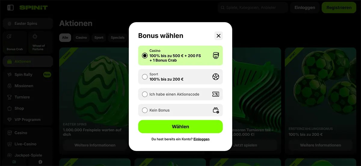 German casino bonus selection popup with options for a casino bonus, sports bonus, promo code, or no bonus, plus a bright green “Wählen” button over a darkened promotions page.
