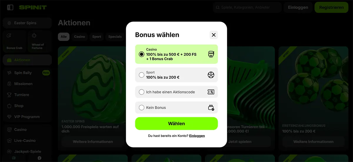 German casino bonus selection popup with options for a casino bonus, sports bonus, promo code, or no bonus, plus a bright green “Wählen” button over a darkened promotions page.
